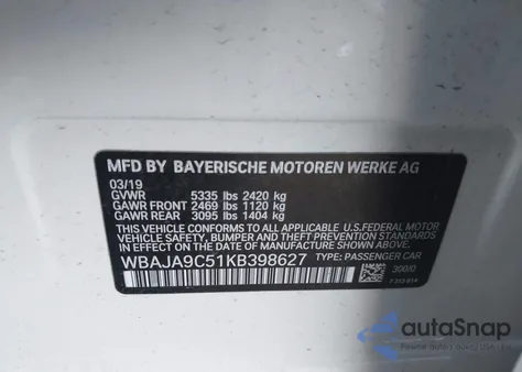 2019 BMW 530E Iperformance из США, поврежденный, VIN WBAJA9C51KB398627